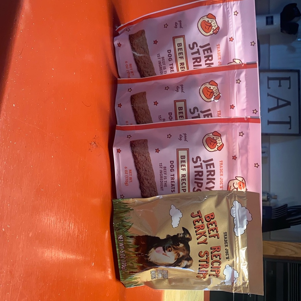 Trader Joe’s jerky strip dog treats.  6 oz bags.  Unopened.
